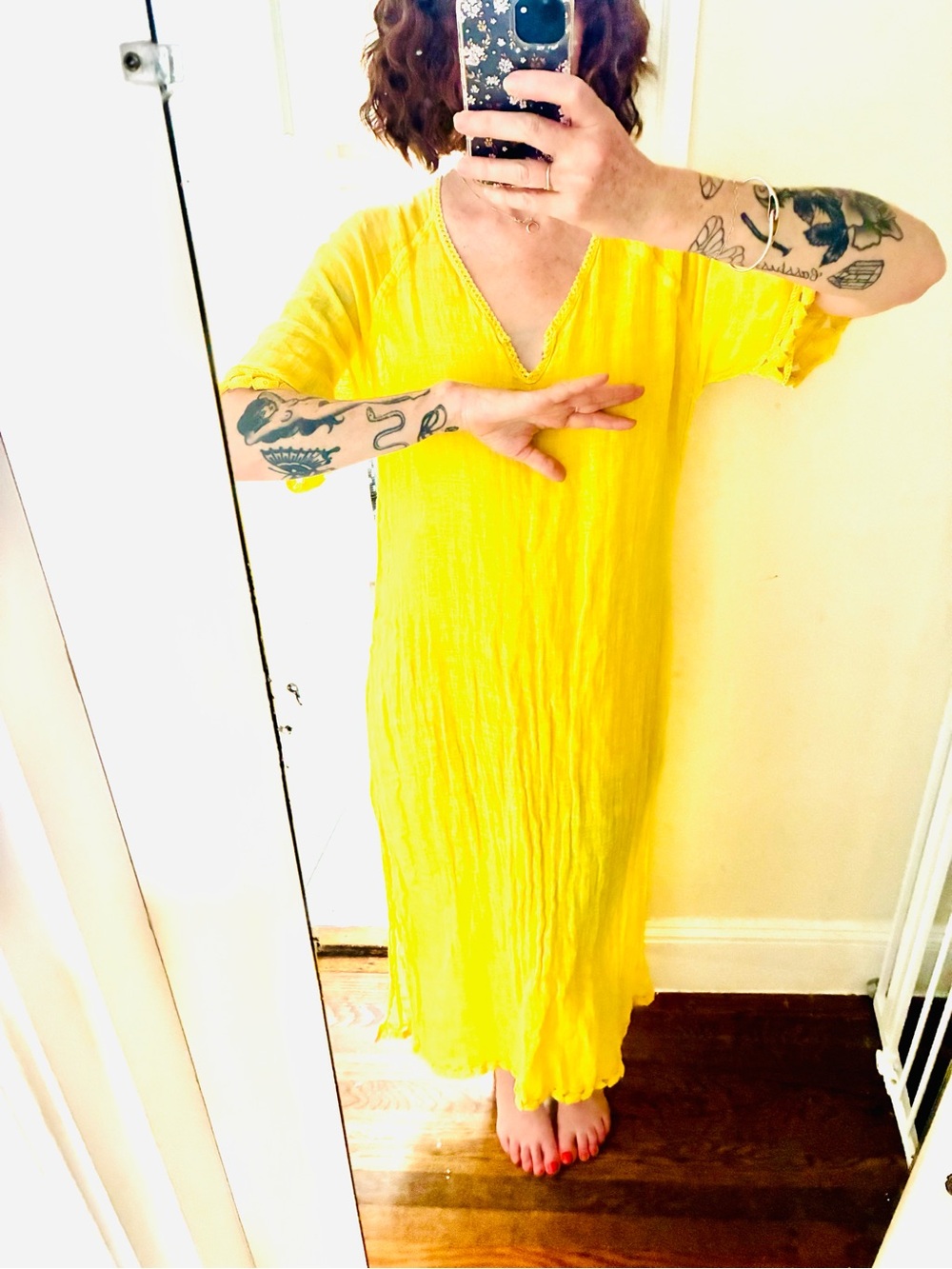 Harris Cotton bright Yellow linen Maxi Dress with V-Neck